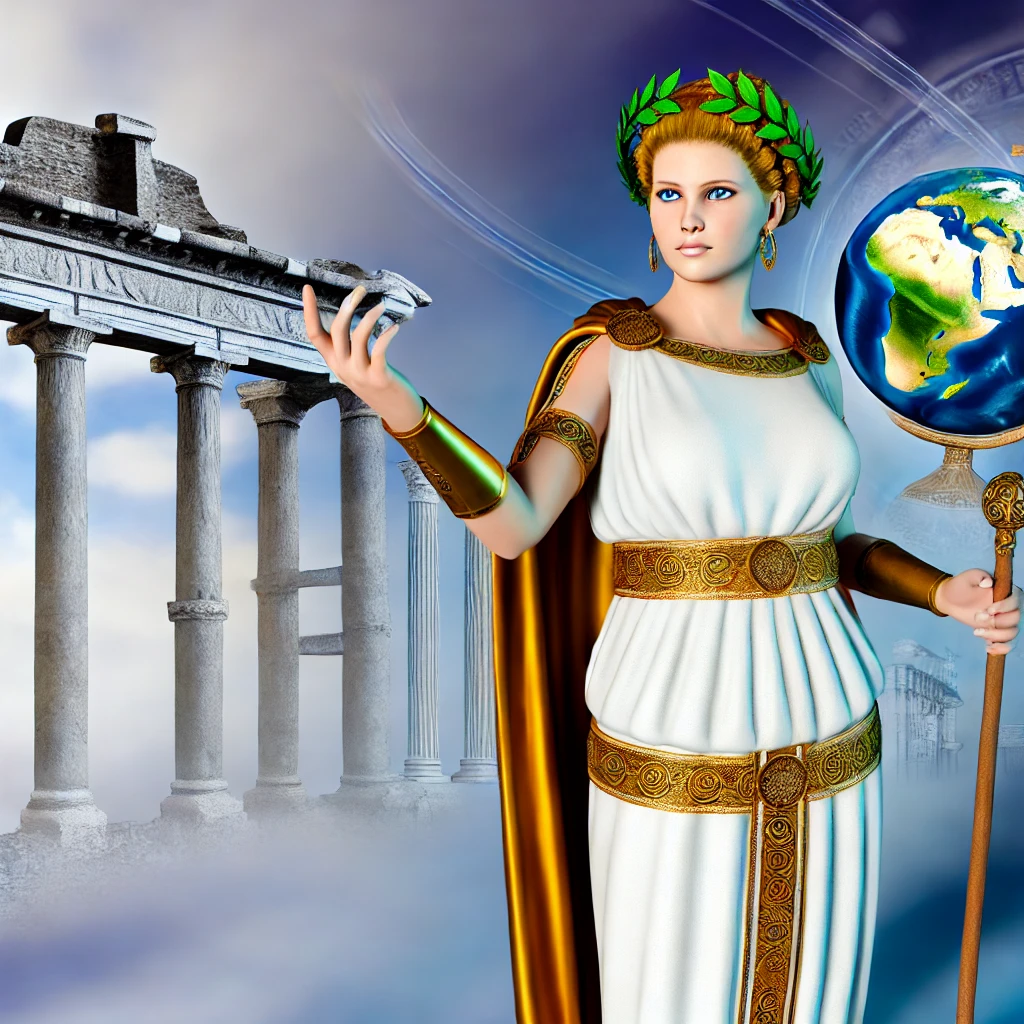 DALL·E 2024 08 30 16.36.18   A conceptual illustration of a female personification of the Roman Empire, depicted as a majestic woman in classical Roman attire. She stands with a r