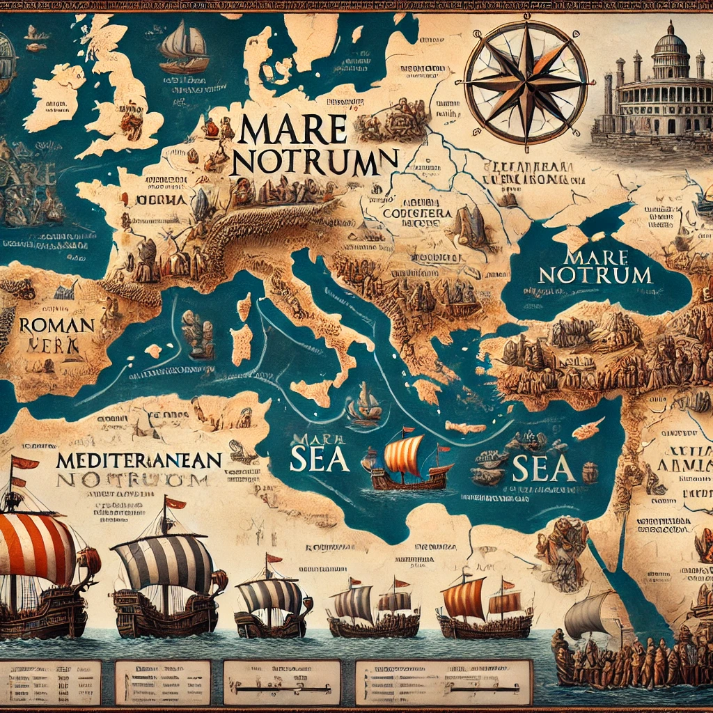 DALL·E 2024 08 30 16.36.23   An illustrated map highlighting the strategic importance of the Mediterranean Sea to the Roman Empire. The map shows the Roman Empire at its peak, wit