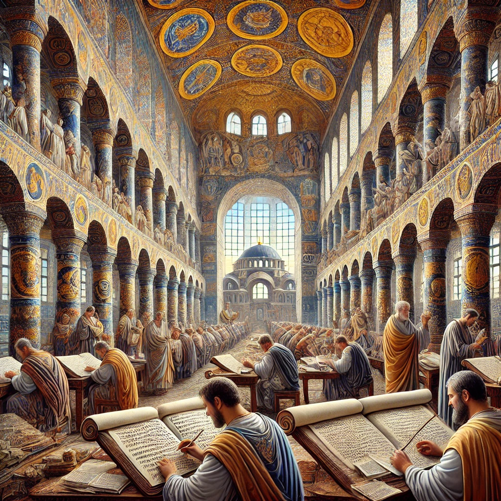 DALL·E 2024 08 30 16.36.27   An artistic representation of the Byzantine Empire's role in preserving Greco Roman culture. The image features a Byzantine library filled with ancien