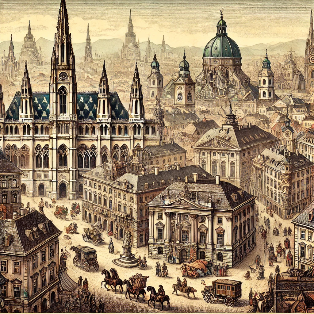 DALL·E 2024 08 30 16.36.30   A historical illustration of the Holy Roman Empire's capital, showcasing the city of Vienna. The image features prominent landmarks such as the Hofbur