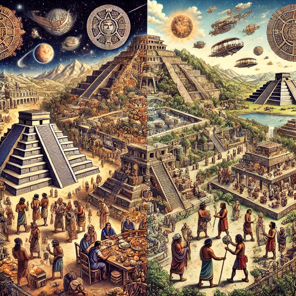 DALL·E 2024 08 30 16.36.37   An illustrative comparison of the advanced aspects of the Maya and Aztec civilizations. The image showcases two halves; one side depicts the Maya with