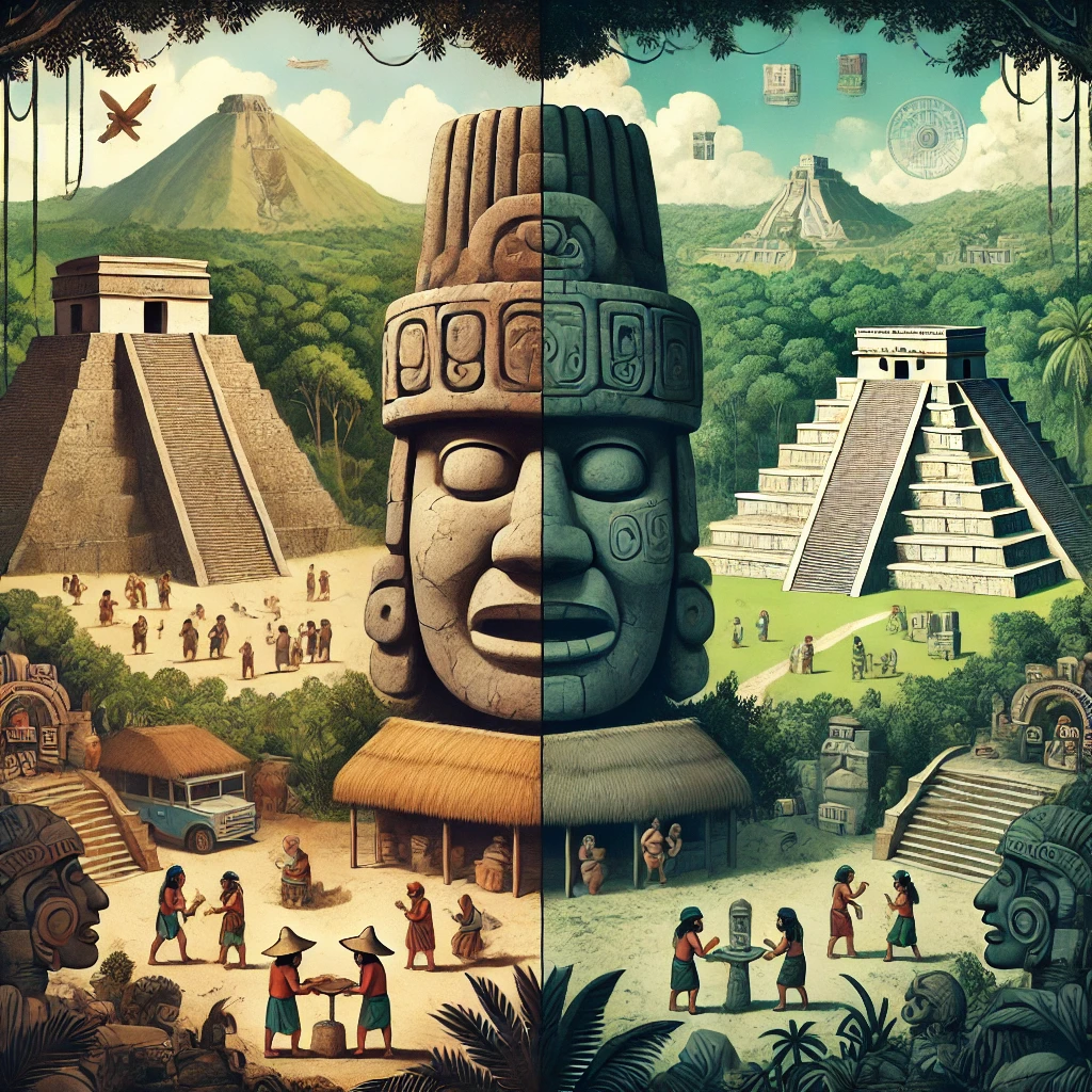 DALL·E 2024 08 30 16.36.40   An illustrative comparison between the Olmec and Maya civilizations. The image is split into two sections  The left side features the Olmecs with thei