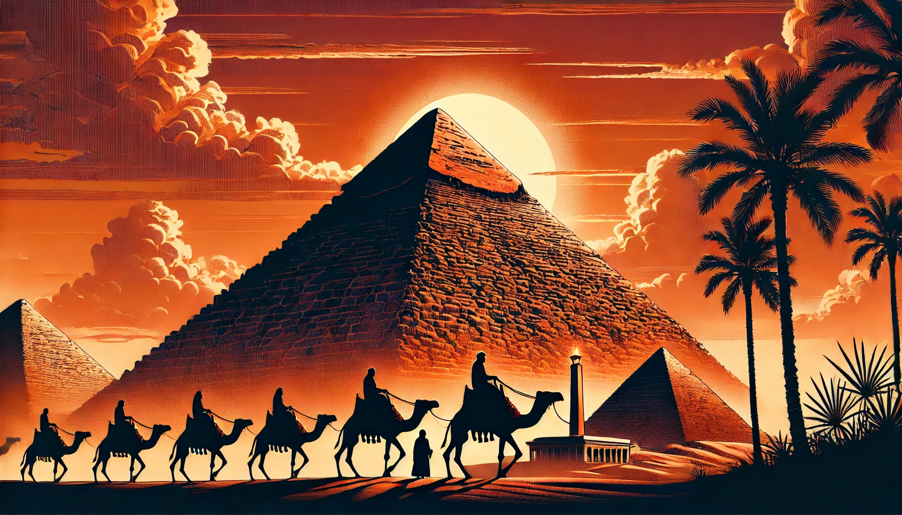 DALL·E 2024 08 31 00.55.08   A dramatic and detailed illustration of the Great Pyramid of Giza at sunset. The pyramid, made of massive limestone blocks, stands imposingly under an