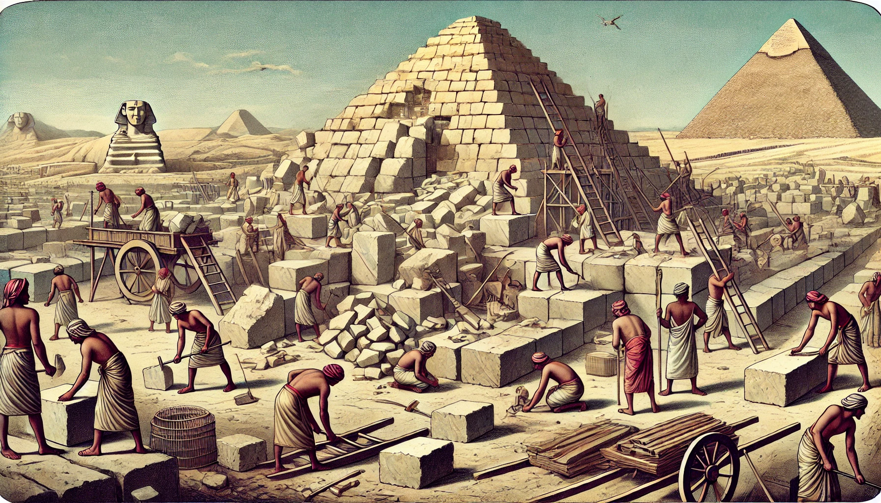 DALL·E 2024 08 31 00.56.10   A detailed illustration of the construction of an ancient Egyptian pyramid, showing workers using various materials. The scene depicts limestone block