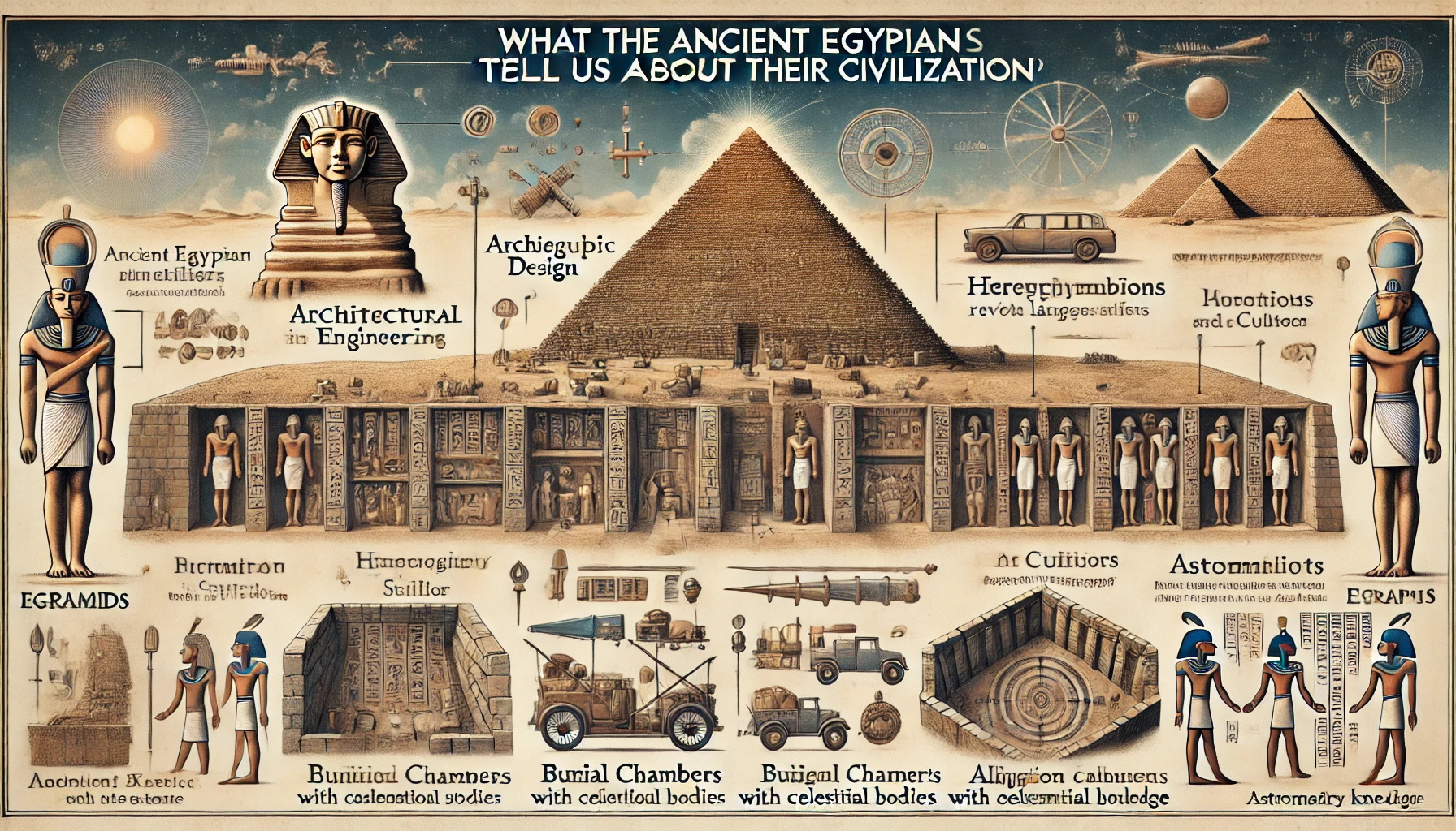 DALL·E 2024 08 31 00.56.52   An educational illustration showing different aspects of what the ancient Egyptian pyramids tell us about their civilization. The image includes secti