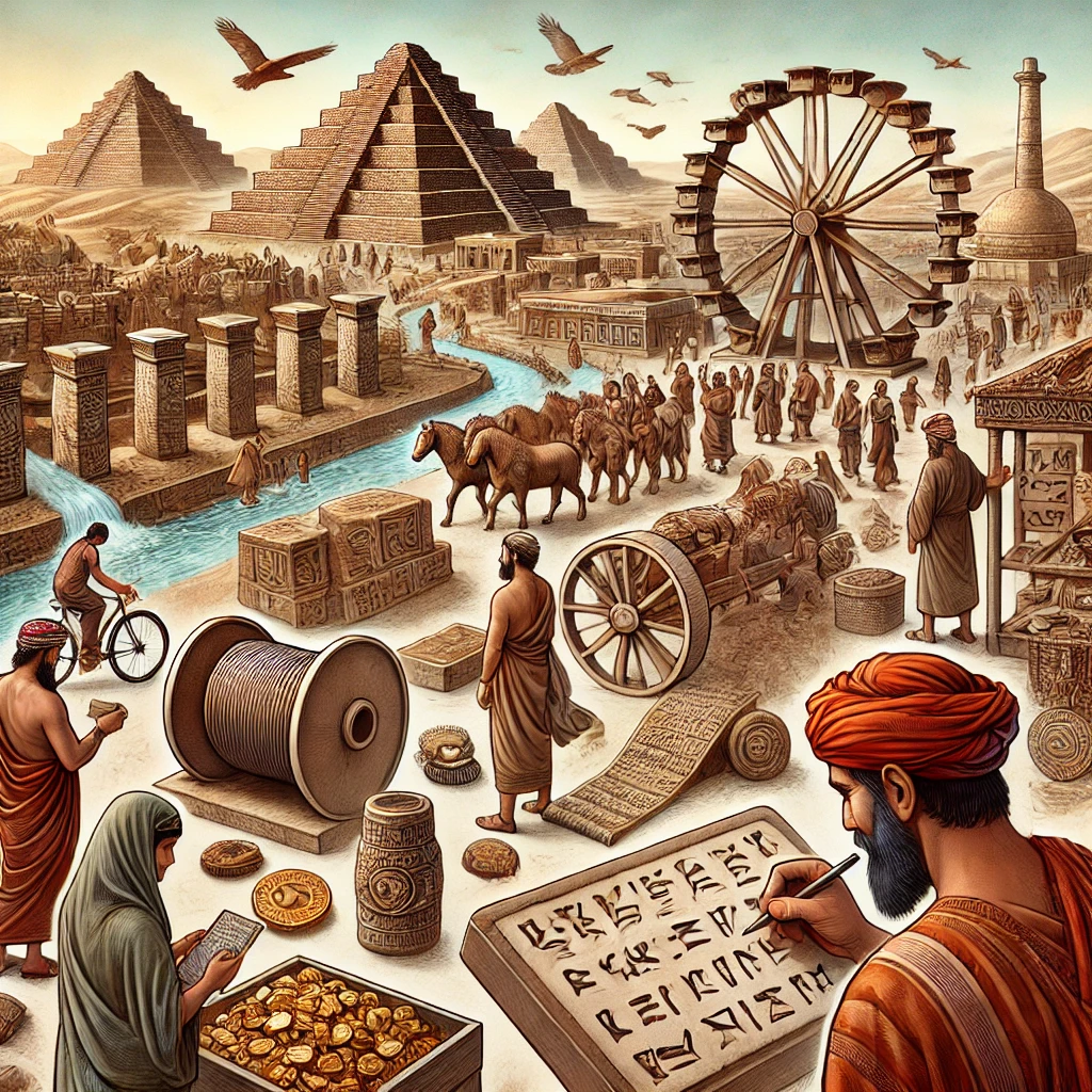 DALL·E 2024 08 31 02.03.41   An artistic illustration showcasing the cultural and technological innovations of the ancient Sumerians. The image should include a bustling cityscape