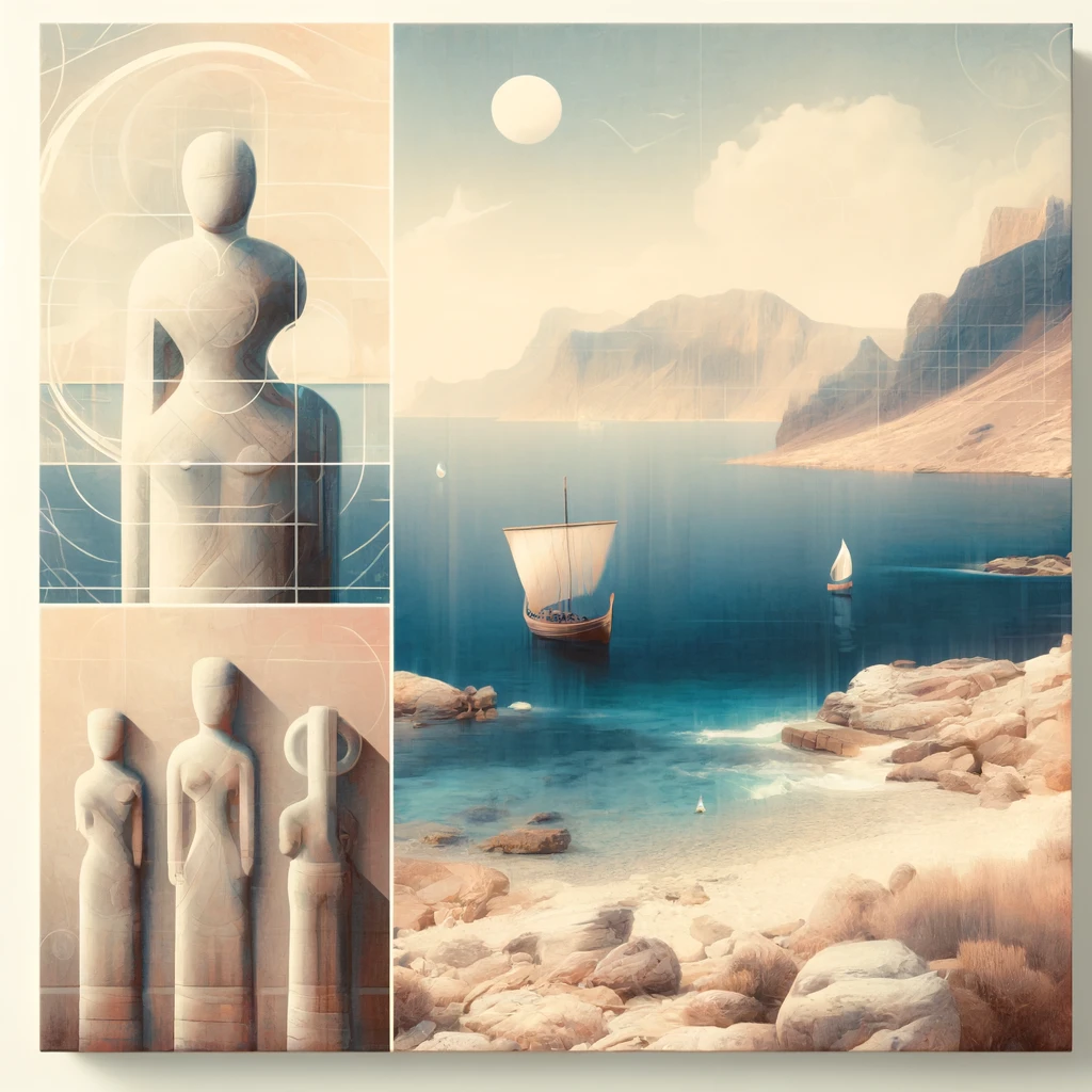 DALL·E 2024 08 31 02.23.53   An artistic depiction of the Cycladic civilization, the earliest Aegean civilization, located in the Cyclades islands. The image should feature iconic