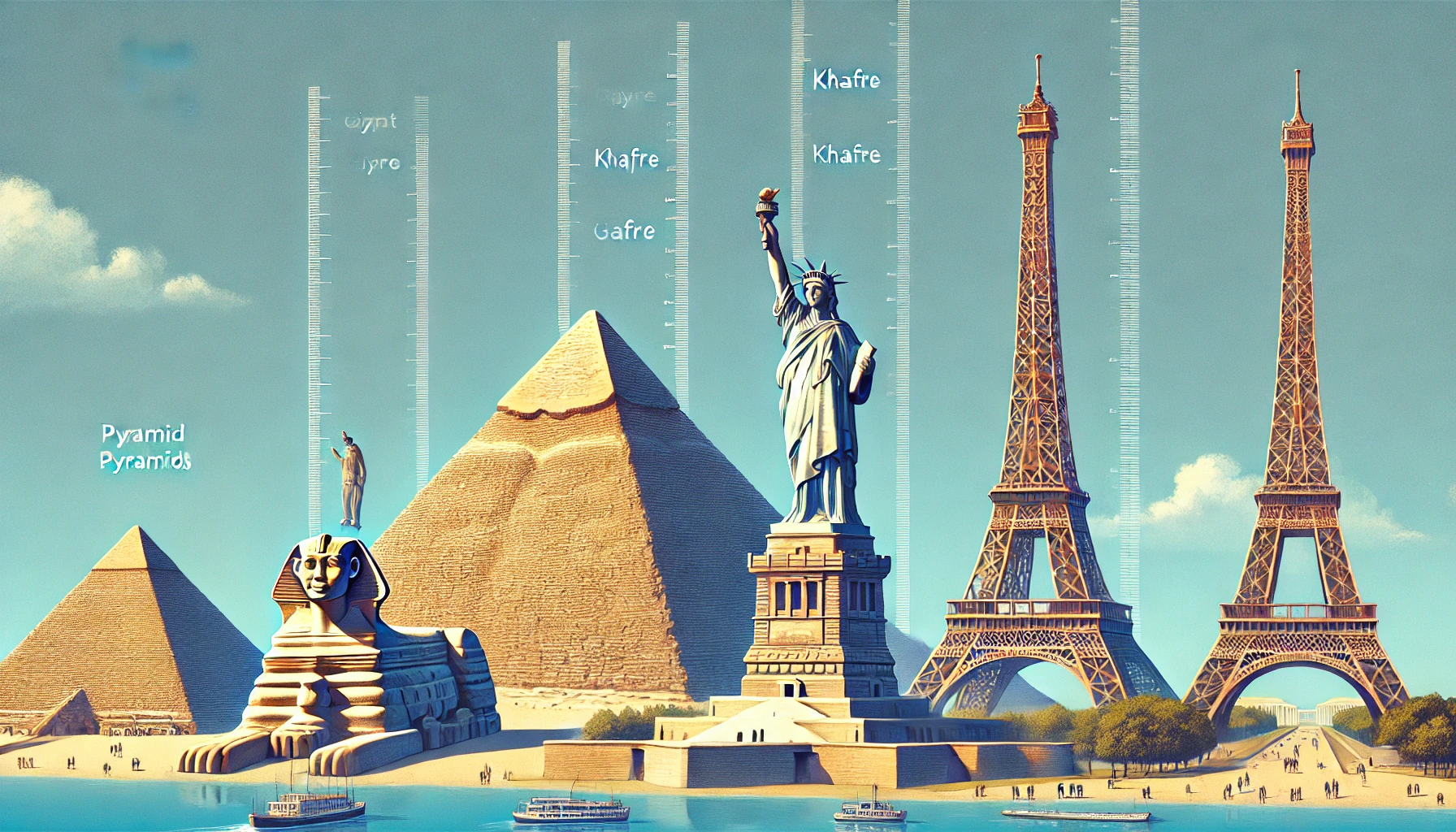 DALL·E 2024 08 31 00.58.21   An informative illustration comparing the heights of various ancient Egyptian pyramids against modern landmarks. The image shows a side by side compar