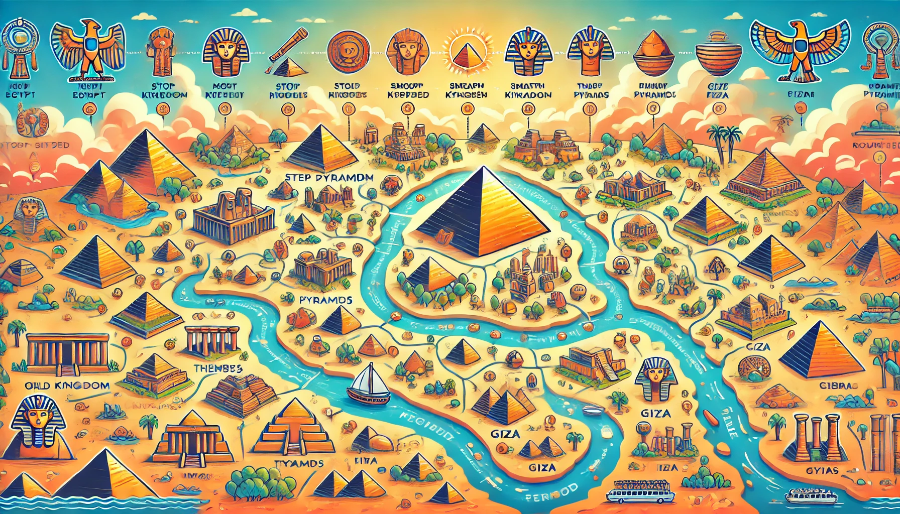 DALL·E 2024 08 31 00.58.55   A vibrant and informative illustration depicting a map of ancient Egypt, scattered with icons representing over a hundred pyramids. Each icon is style