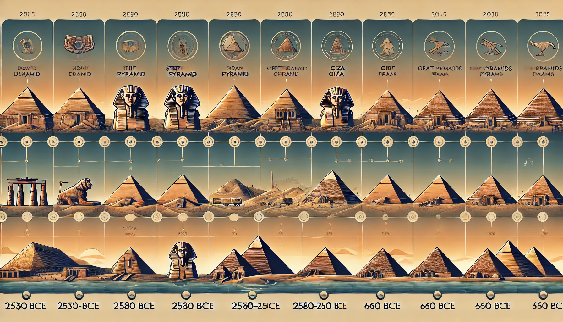 DALL·E 2024 08 31 00.59.34   An educational illustration depicting the timeline of ancient Egyptian pyramid construction. The image features a horizontal timeline with key dates,