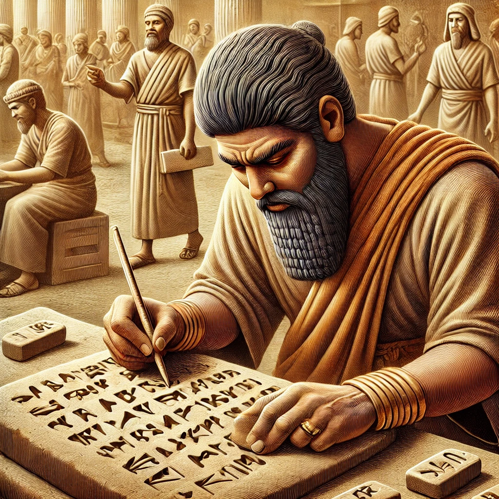 DALL·E 2024 08 31 02.04.26   A detailed illustration of an ancient Sumerian signing their name using cuneiform script. The image should depict a Sumerian scribe in traditional att