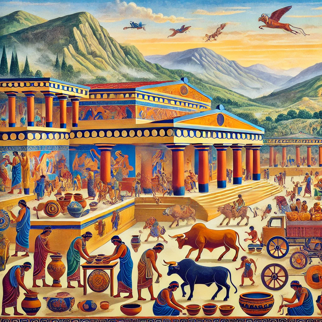 DALL·E 2024 08 31 02.05.07   A vibrant and detailed artistic depiction of the Minoan civilization, the first great civilization of the Aegean Sea. The image should illustrate a pa