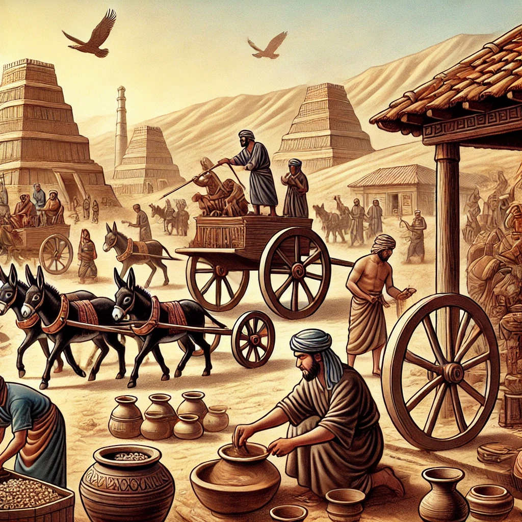 DALL·E 2024 08 31 02.05.48   A historical illustration depicting how the ancient Sumerians used the wheel. The image should show a lively scene with multiple uses of the wheel  a