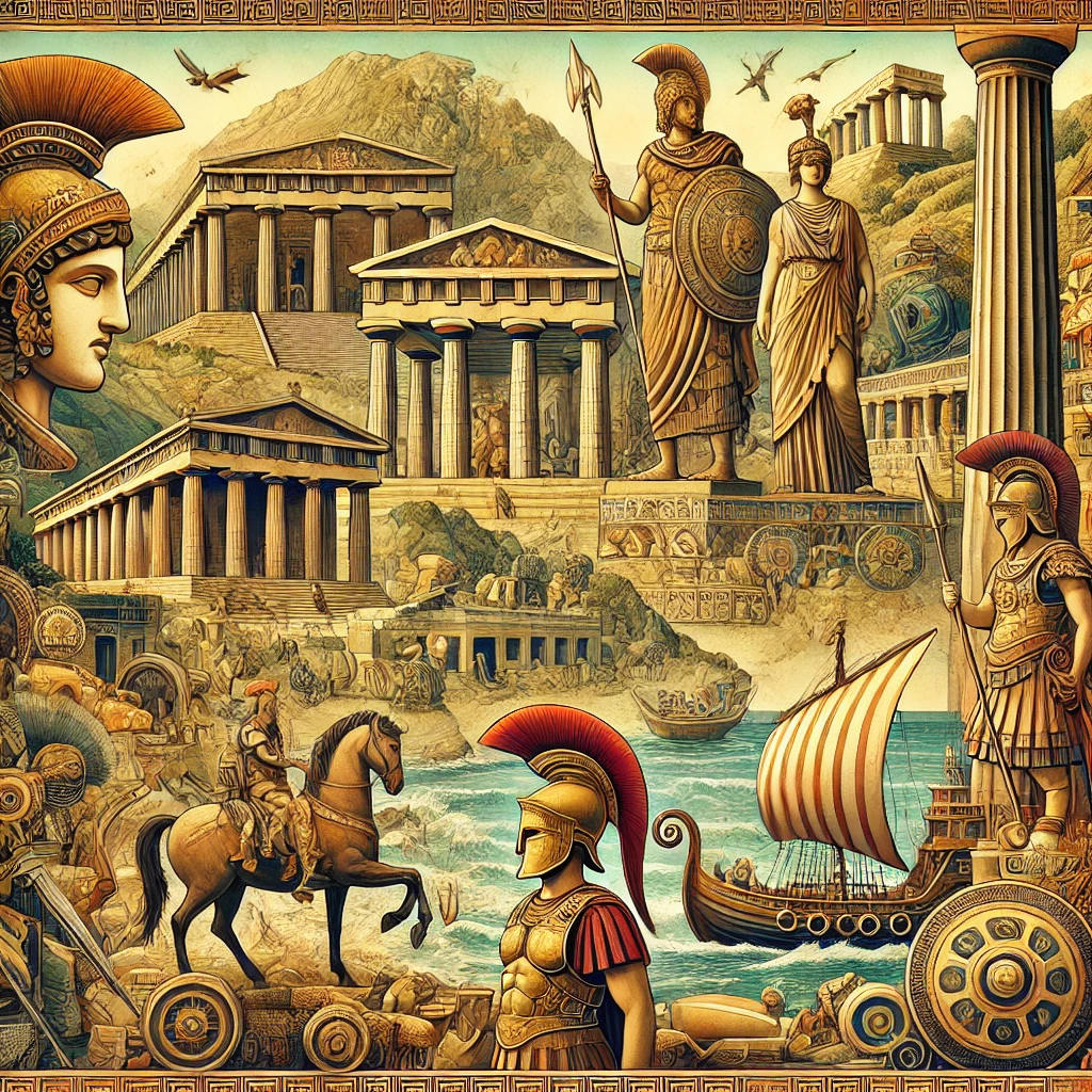 DALL·E 2024 08 31 02.07.18   A detailed artistic illustration representing the various civilizations that had a strong influence on Aegean cultures, focusing on the Minoans, Mycen