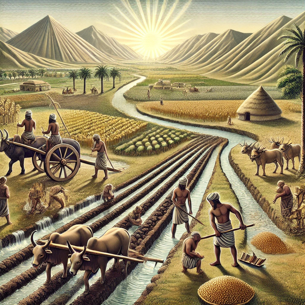 DALL·E 2024 08 31 02.08.12   An illustrative scene depicting the ancient Sumerians' methods for increasing food production. The image should show Sumerians using advanced agricult