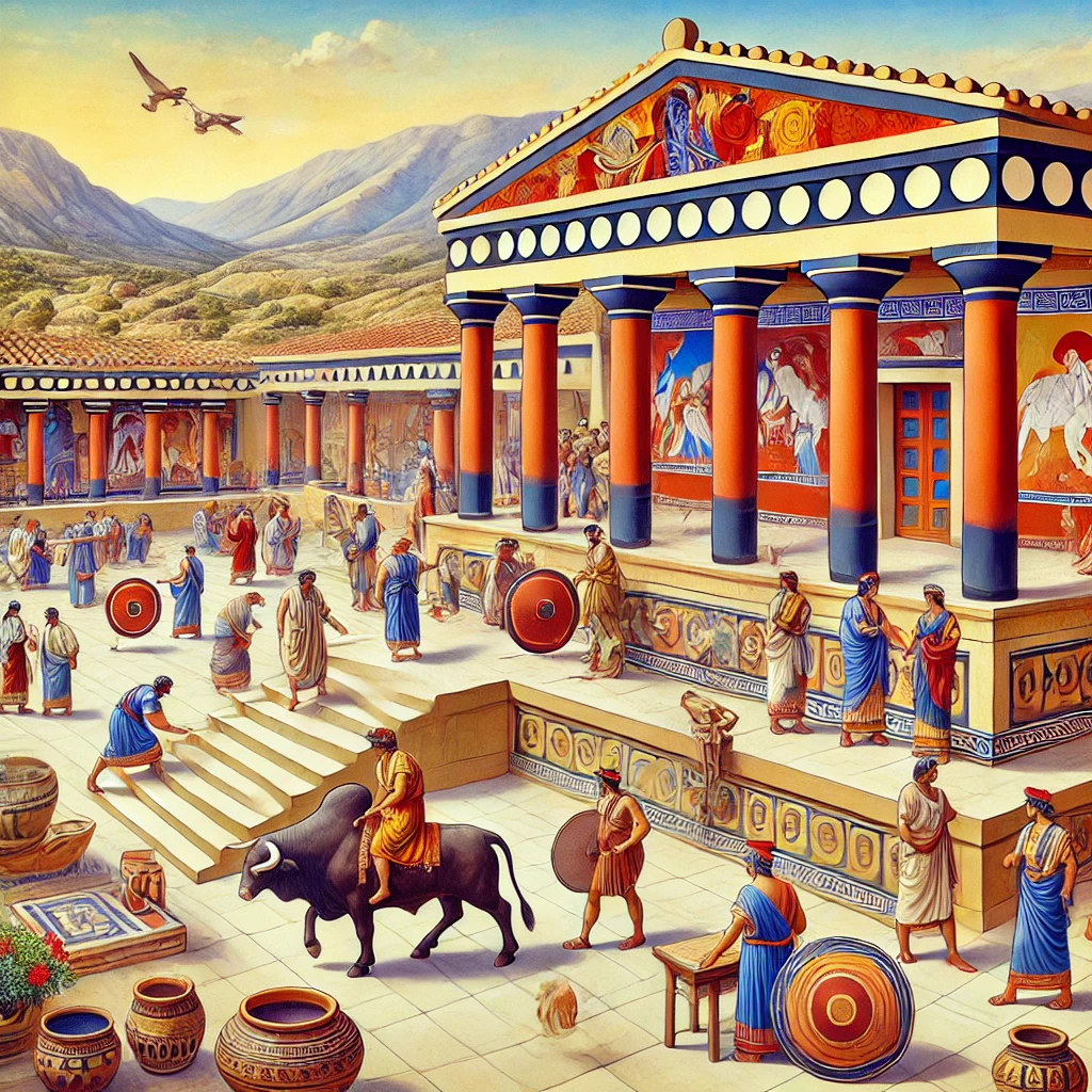 DALL·E 2024 08 31 02.10.55   An artistic depiction of the Minoan civilization, which emerged in the Aegean world. The image should include a vibrant scene at the Palace of Knossos