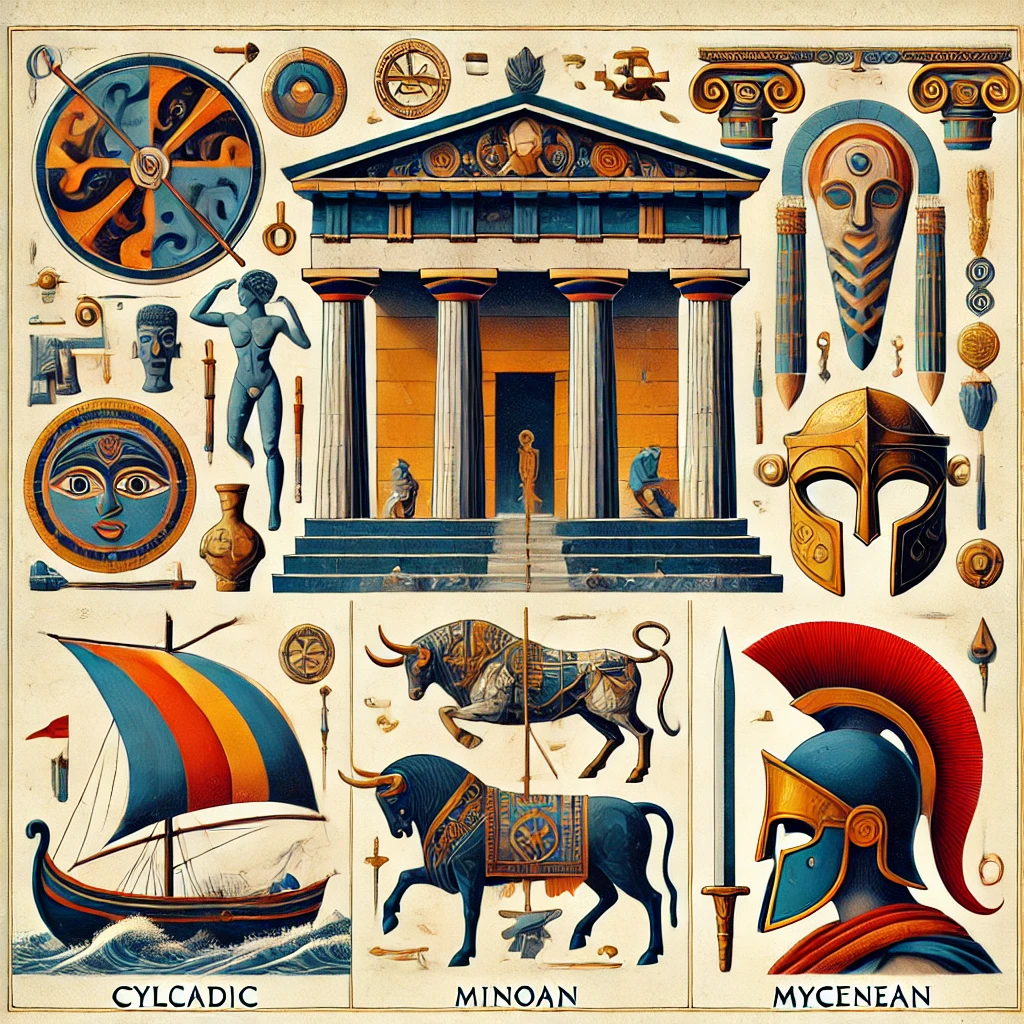 DALL·E 2024 08 31 02.13.25   An artistic representation of the three antecedent cultures that comprise Aegean civilization  the Cycladic, Minoan, and Mycenaean cultures. The image