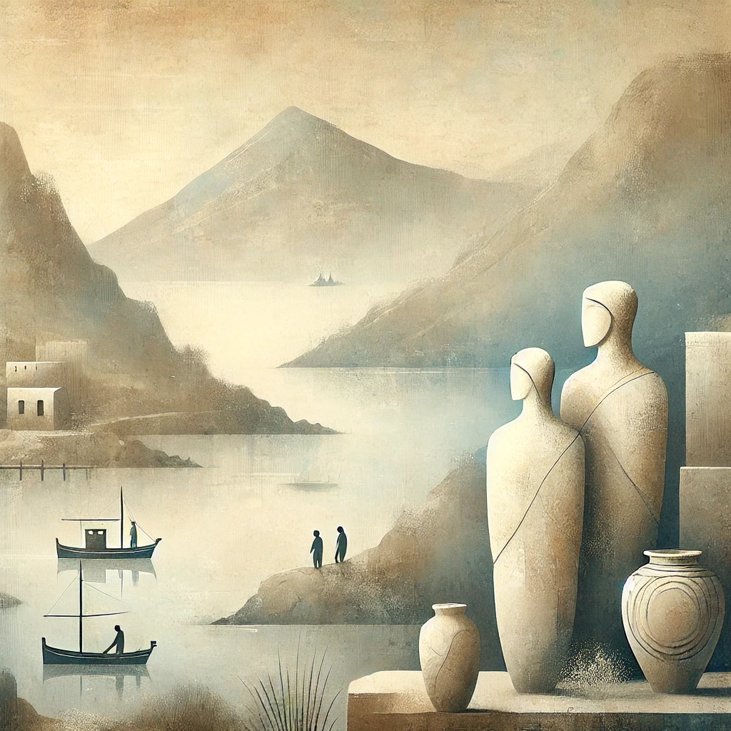 DALL·E 2024 08 31 02.15.26   An artistic representation of the Cycladic civilization, the most ancient of the Aegean civilizations. The image should depict Cycladic figurines, cha