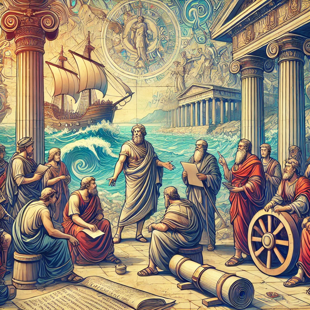 DALL·E 2024 08 31 02.16.35   An artistic depiction of the naming of the Aegean Sea, which gave its name to the Aegean civilization. The image should show an ancient Greek scene wi