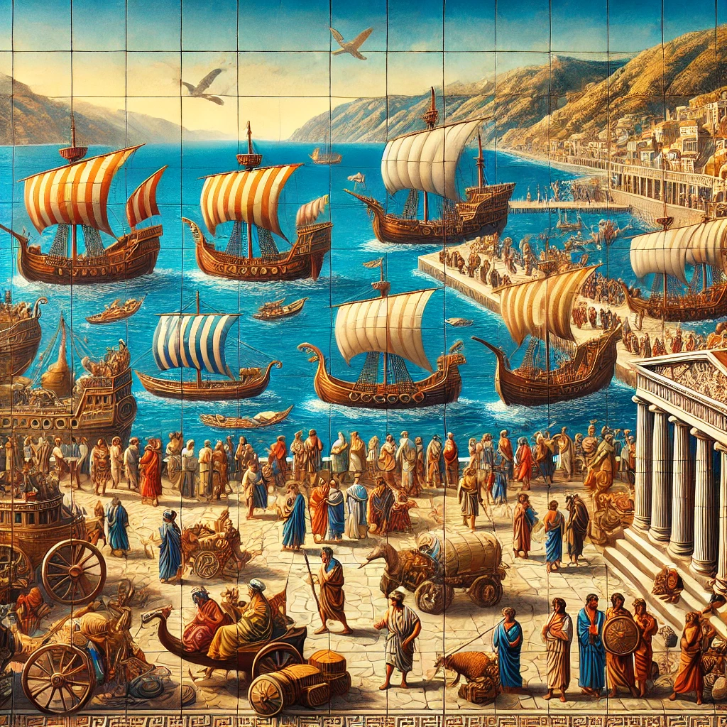 DALL·E 2024 08 31 02.17.50   An artistic depiction of sea travel and trade shaping the Aegean civilization. The image should portray a bustling ancient harbor scene with diverse g