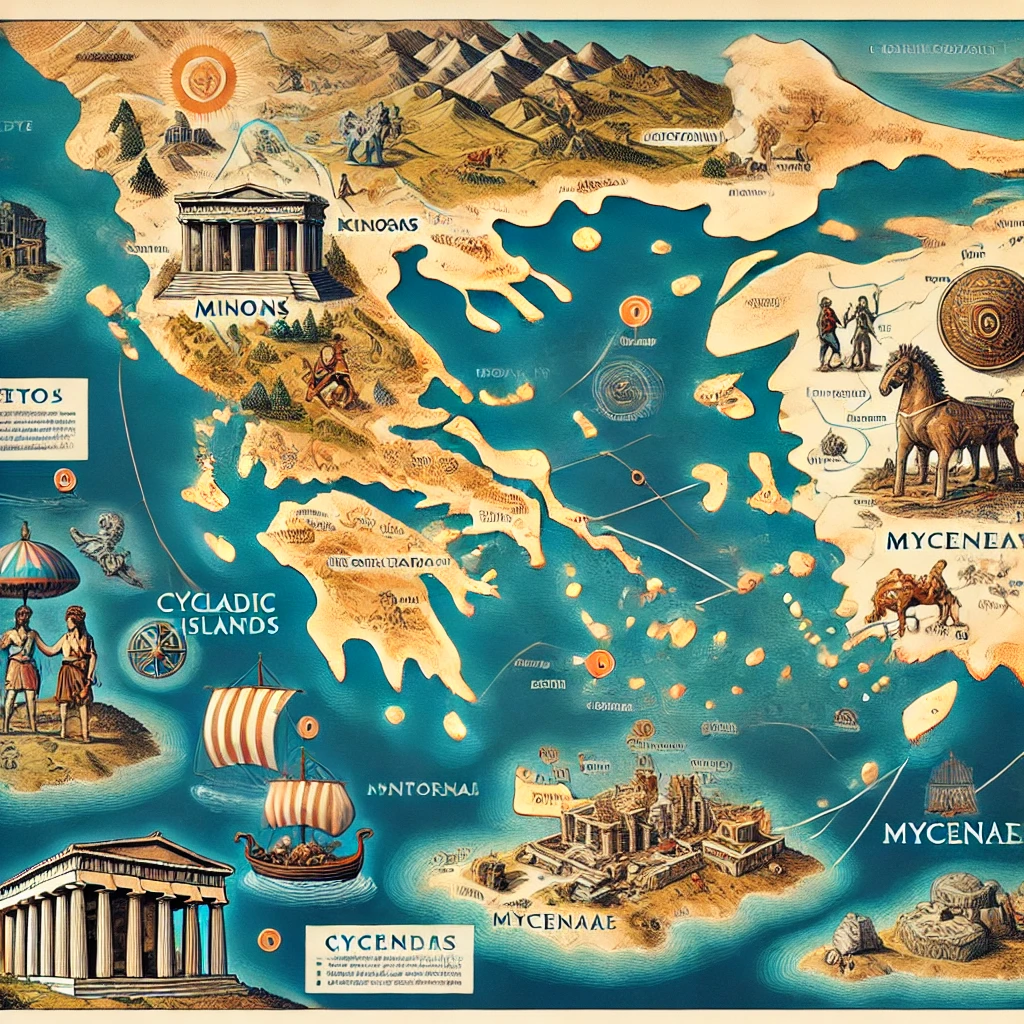 DALL·E 2024 08 31 02.19.01   A detailed map illustration of the Aegean Bronze Age civilizations, including the Minoans on Crete, the Cycladic civilization on the Cyclades islands,