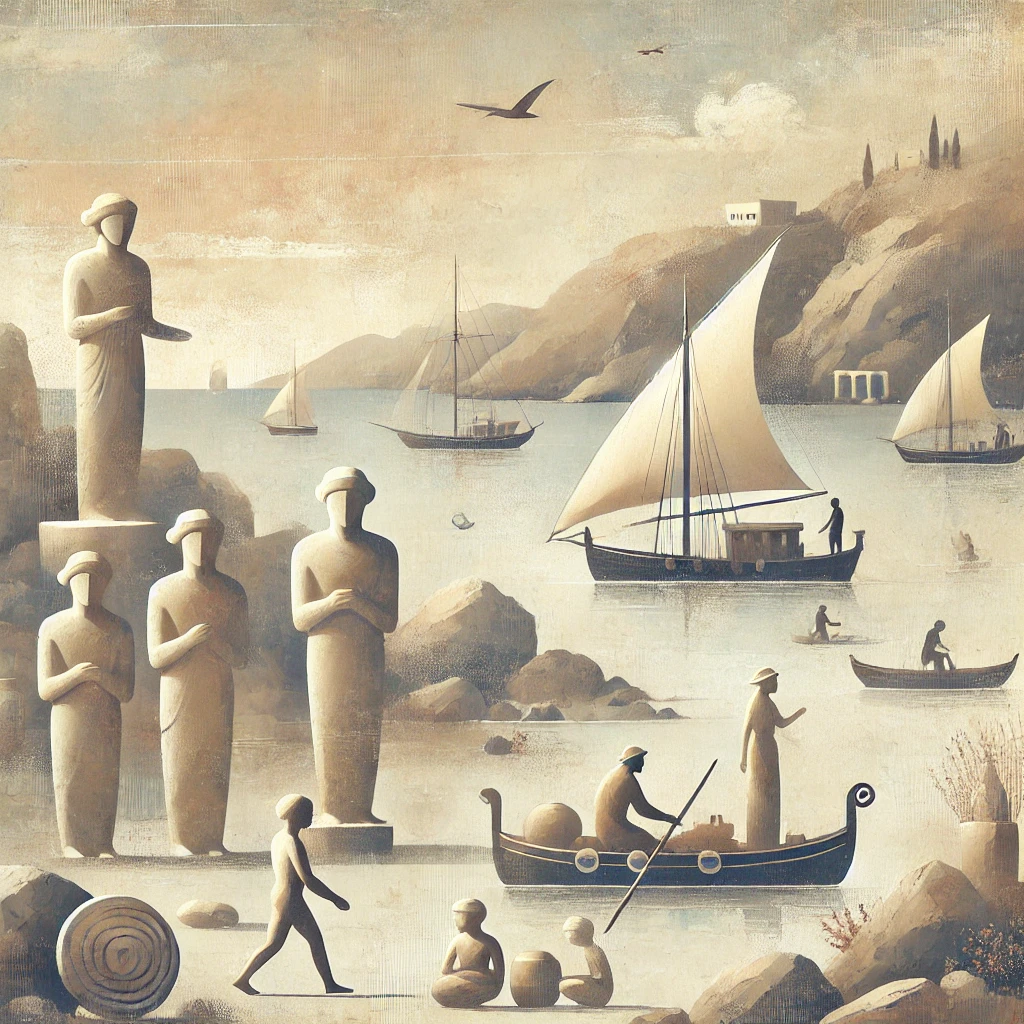 DALL·E 2024 08 31 02.20.40   An artistic depiction of the Cycladic civilization, the most ancient of the Aegean civilizations. The image should depict Cycladic figurines, characte