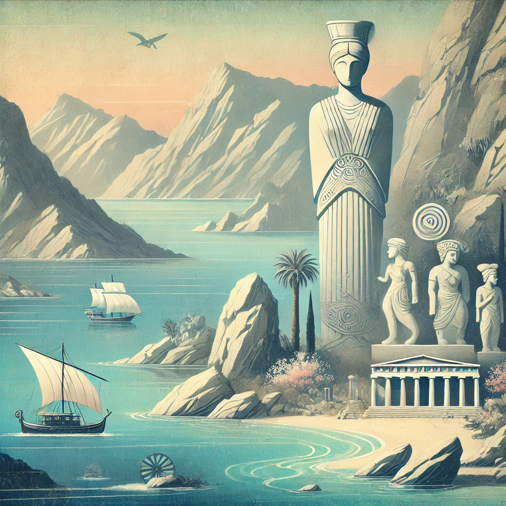 DALL·E 2024 08 31 02.21.30   An artistic depiction of the Cycladic civilization, the earliest Aegean civilization, located in the Cyclades islands. The image should feature iconic