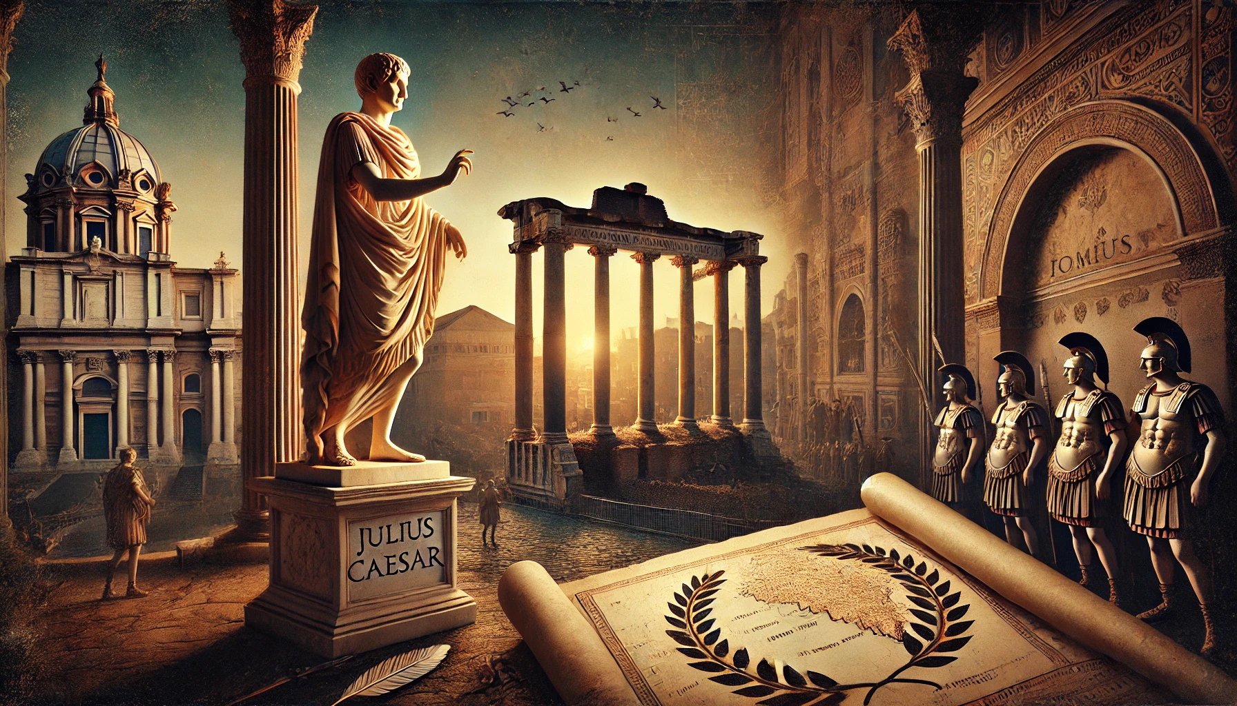 DALL·E 2024 10 26 14.26.32   A historical scene capturing the legacy of Julius Caesar  a blend of Roman architecture and symbolic elements reflecting his influence. In the backgro