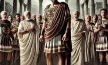 A dramatic historical scene depicting Julius Caesar and the fall of the Roman Republic. The setting is ancient Rome with the Roman Forum in the backgr