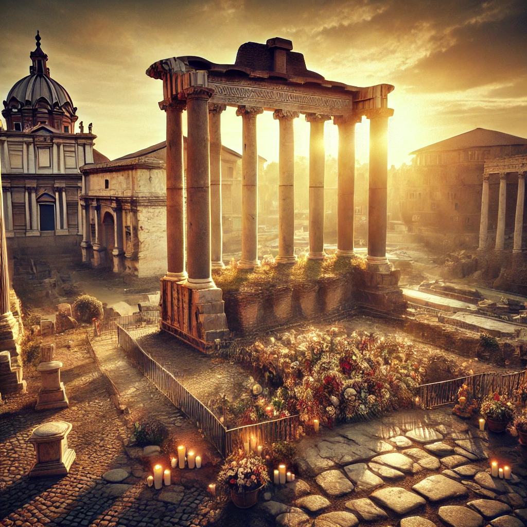 A historical and atmospheric depiction of Julius Caesar's final resting place at the Temple of Caesar in the Roman Forum, Rome. The image shows the an