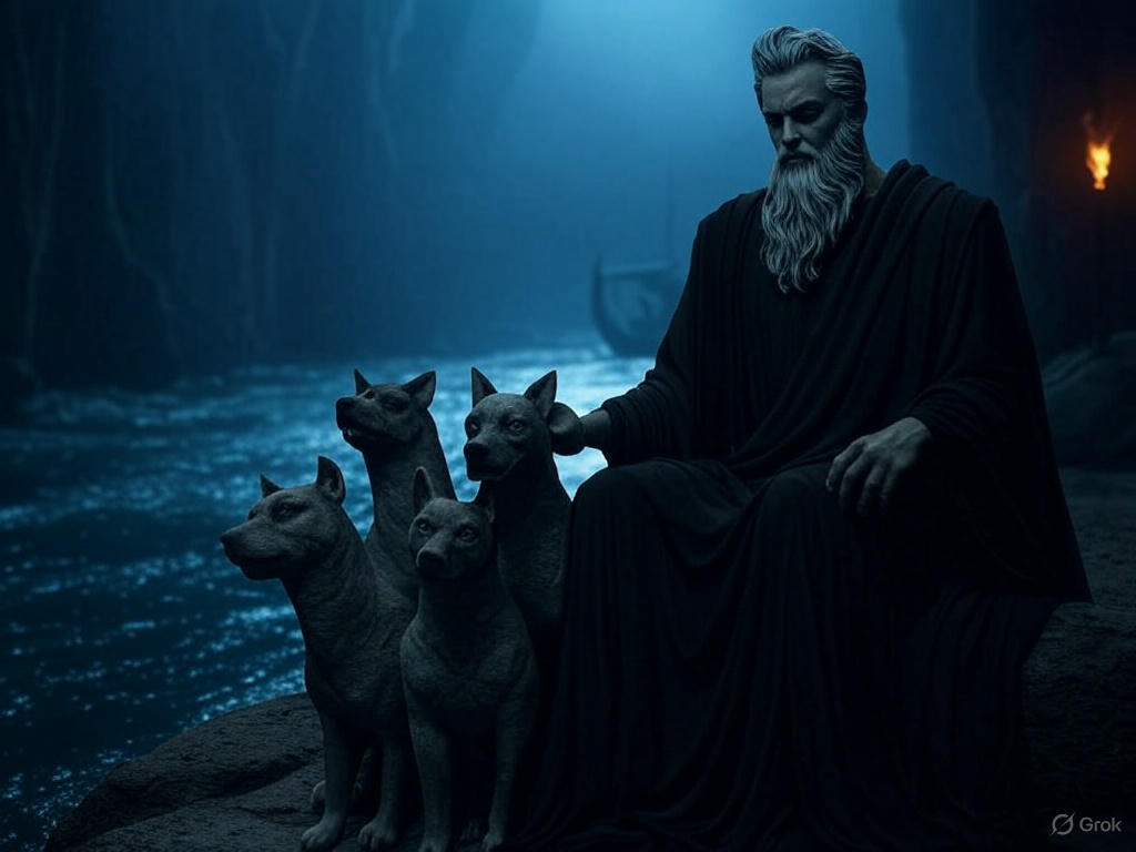 Hades, the god of the underworld, holding his staff with Cerberus by his side, set against a dark, majestic scene featuring the River Styx and Charon’s boat in the background