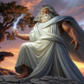 Zeus, the king of the gods, wielding a thunderbolt with an eagle and oak tree in the background, symbolizing his power and authority in Greek mythology.