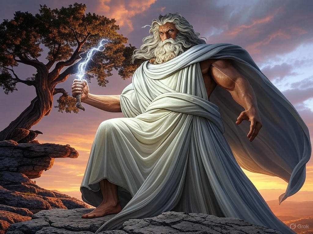 Zeus, the king of the gods, wielding a thunderbolt with an eagle and oak tree in the background, symbolizing his power and authority in Greek mythology.